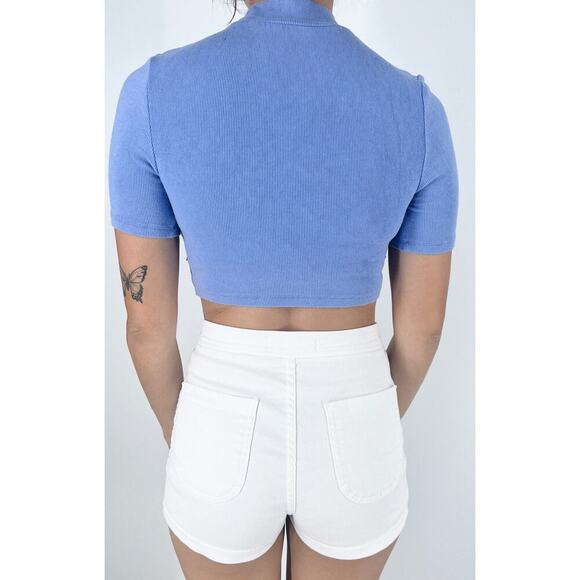 Women's Periwinkle Ribbed Mock Neck Short Sleeve Blouse Size XS - Picture 2 of 3